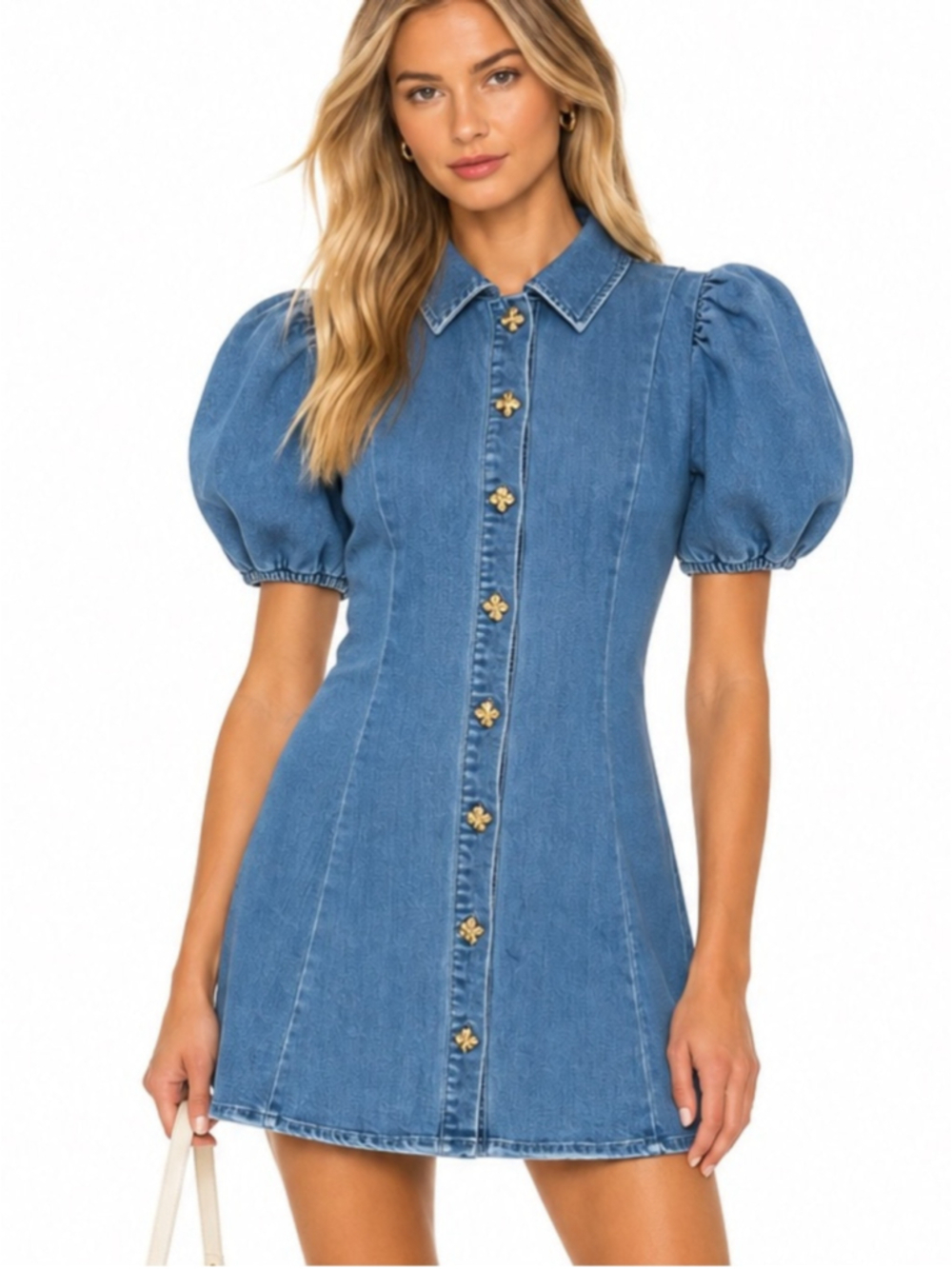 Eliane Rose Denim Puff Sleeve Mini Dress Gold Novelty Buttons Size M